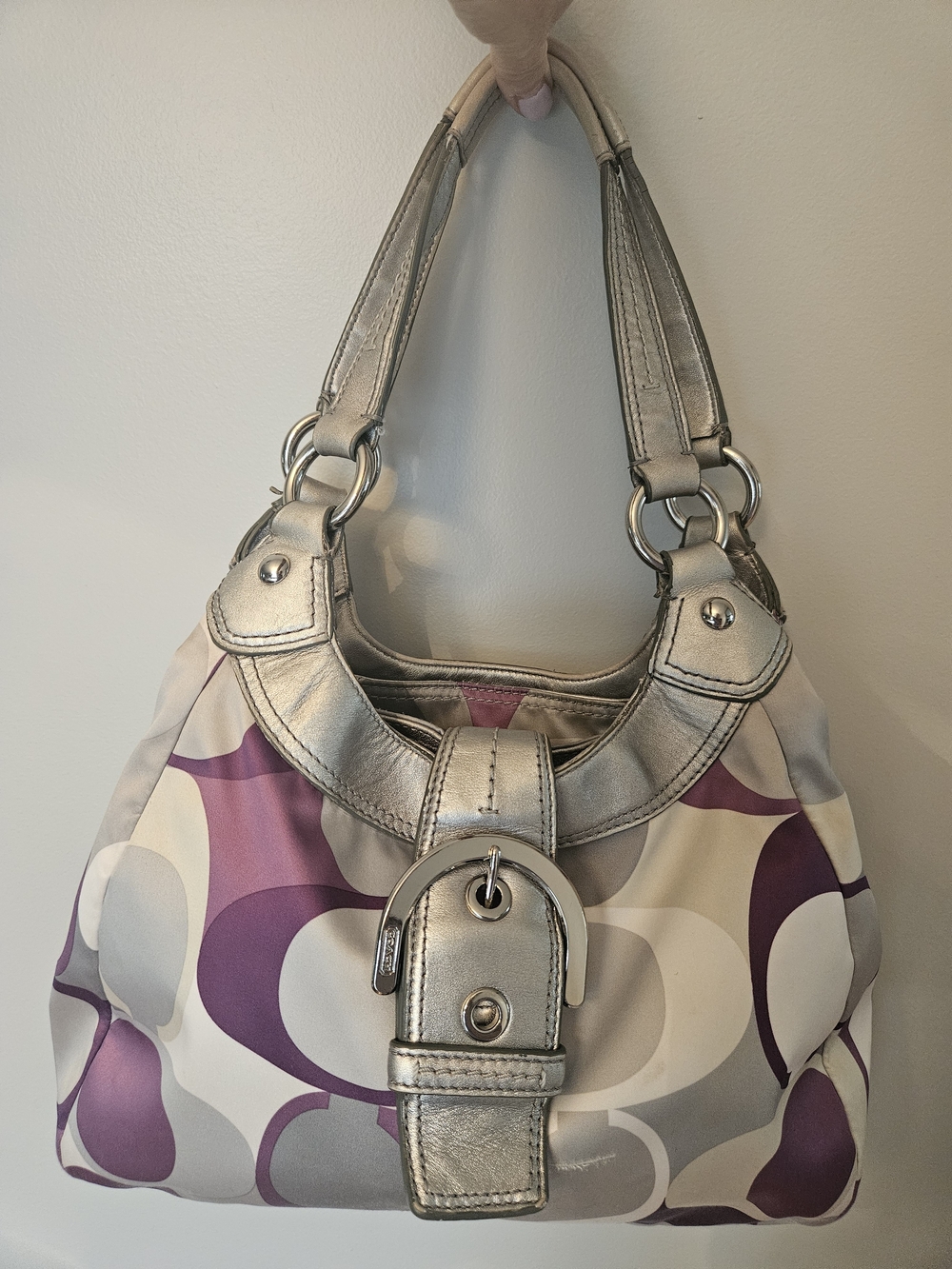 Coach F17406 Soho Signature Scarf Print Hobo Y2K Purple Silver